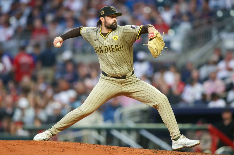 May 17, 2024; Atlanta, Georgia, USA; San Diego Padres starting pitcher Matt Waldron (61) throws against the Atlanta Braves in the third inning at Truist Park. Mandatory Credit: Brett Davis-USA TODAY Sports