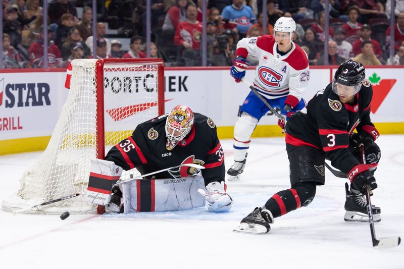 Oct 5, 2024; Ottawa, Ontario, CAN; Ottawa Senators goalie Linus Ullmark (35) makes a save in the second period against the Montreal Canadiens at the Canadian Tire Centre. Mandatory Credit: Marc DesRosiers-Imagn Images