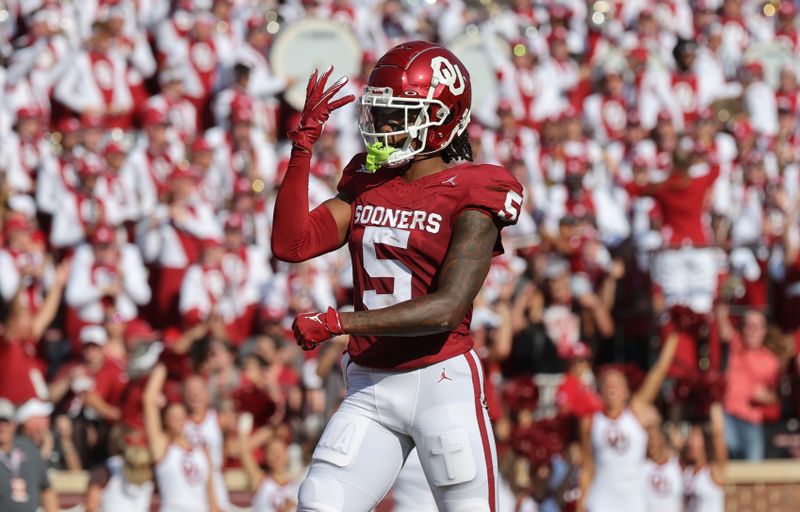 Sep 9, 2023; Norman, Oklahoma, USA;  Oklahoma Sooners wide receiver Andrel Anthony (5) reacts after scoring a touchdown during the first quarter against the Southern Methodist Mustangs at Gaylord Family-Oklahoma Memorial Stadium. Mandatory Credit: Kevin Jairaj-USA TODAY Sports