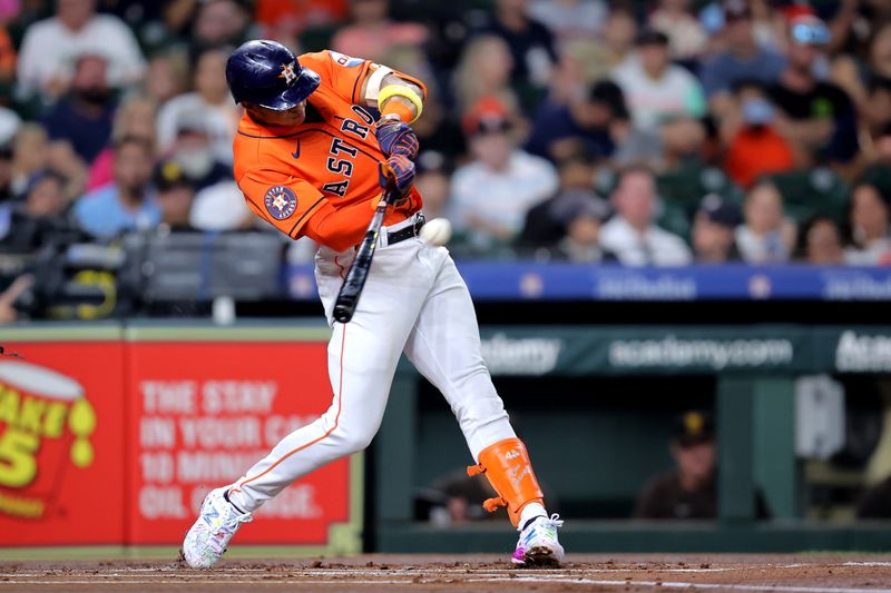 Sep 8, 2023; Houston, Texas, USA; Houston Astros shortstop Jeremy Pena (3) hits a double to right field against the San Diego Padres during the first inning at Minute Maid Park. Mandatory Credit: Erik Williams-USA TODAY Sports