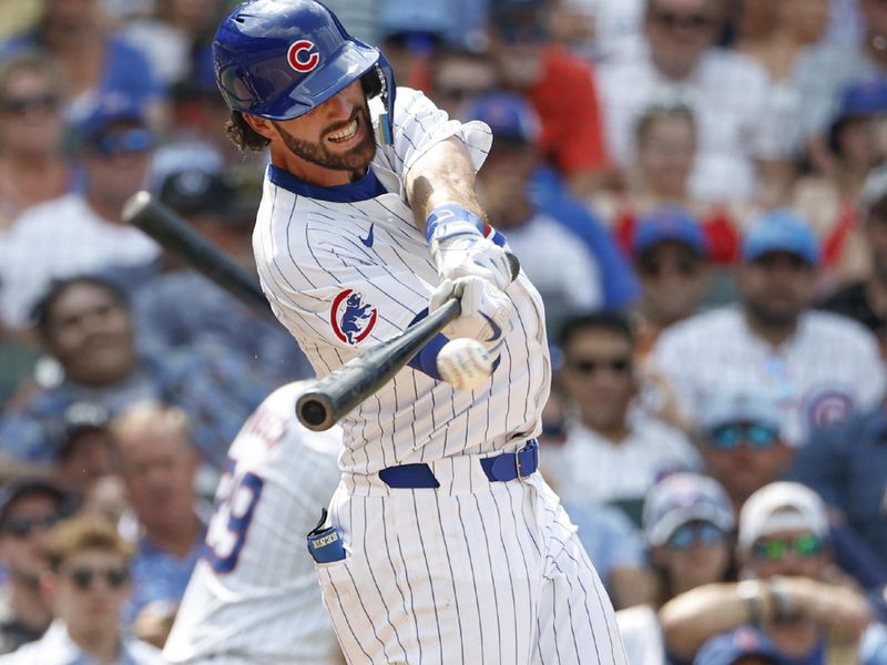 Jun 19, 2024; Chicago, Illinois, USA; Chicago Cubs shortstop Dansby Swanson (7) hits a two-run single against the San Francisco Giants during the seventh inning at Wrigley Field. Mandatory Credit: Kamil Krzaczynski-USA TODAY Sports