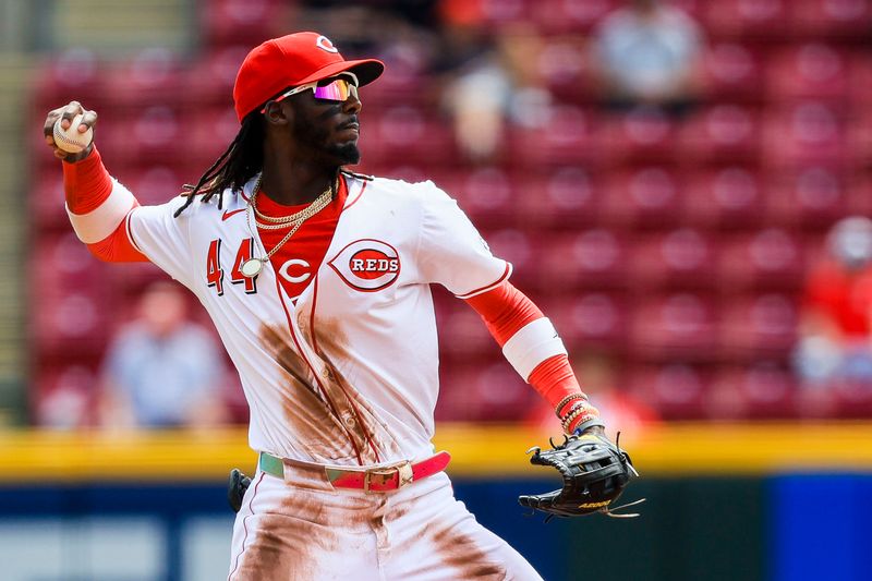 Apr 30, 2025; Cincinnati, Ohio, USA; Cincinnati Reds shortstop Elly De La Cruz (44) throws to first to get catcher Yohel Pozo (not pictured) out in the fifth inning at Great American Ball Park. Mandatory Credit: Katie Stratman-Imagn Images