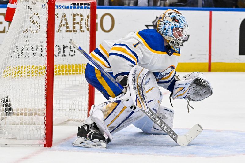 Jan 24, 2023; St. Louis, Missouri, USA;  Buffalo Sabres goaltender Ukko-Pekka Luukkonen (1) defends the next against the St. Louis Blues during the second period at Enterprise Center. Mandatory Credit: Jeff Curry-USA TODAY Sports