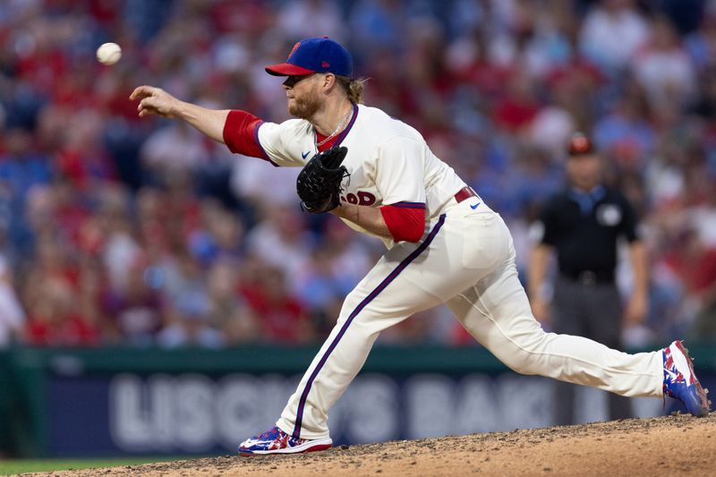 Aug 23, 2023; Philadelphia, Pennsylvania, USA; Philadelphia Phillies relief pitcher Craig Kimbrel (31) throws a pitch during the tenth inning against the San Francisco Giants at Citizens Bank Park. Mandatory Credit: Bill Streicher-USA TODAY Sports