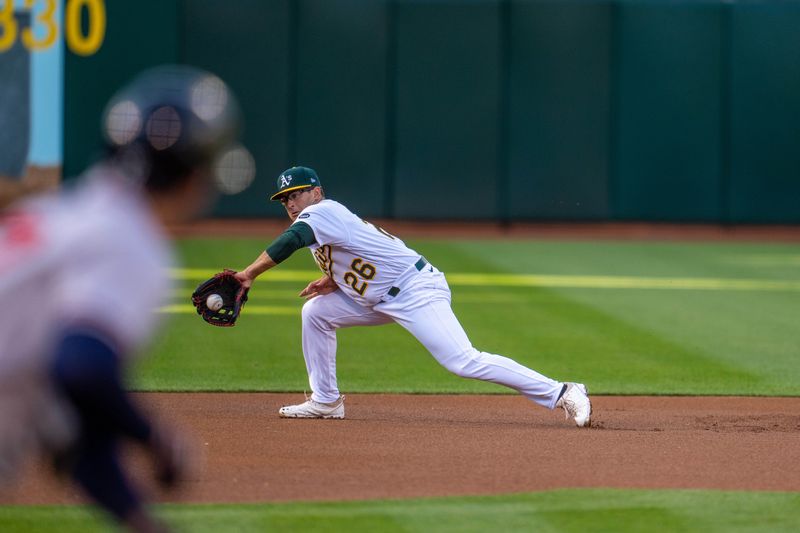 May 30, 2023; Oakland, California, USA;  Oakland Athletics third baseman Jonah Bride (26) fields a ground ball against the Atlanta Braves during the first inning at Oakland-Alameda County Coliseum. Mandatory Credit: Neville E. Guard-USA TODAY Sports