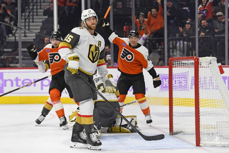 Nov 25, 2024; Philadelphia, Pennsylvania, USA; Philadelphia Flyers center Morgan Frost (48) celebrates his goal with against Vegas Golden Knights defenseman Noah Hanifin (15) and goaltender Ilya Samsonov (35) during the first period at Wells Fargo Center. Mandatory Credit: Eric Hartline-Imagn Images