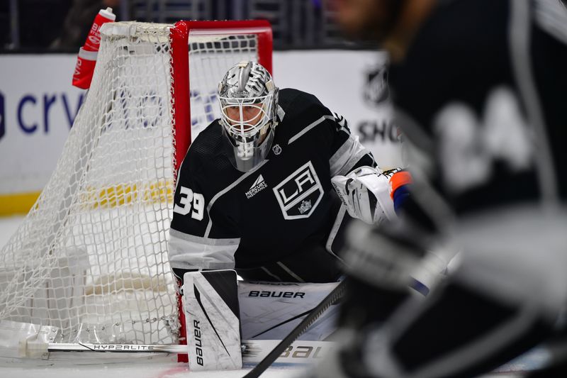 Dec 30, 2023; Los Angeles, California, USA; Los Angeles Kings goaltender Cam Talbot (39) defends the goal against the Edmonton Oilers during the first period at Crypto.com Arena. Mandatory Credit: Gary A. Vasquez-USA TODAY Sports