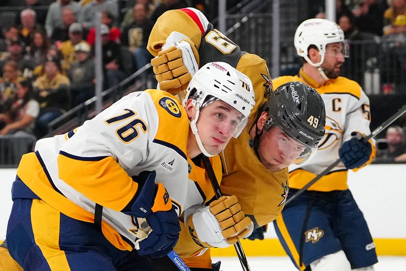 Jan 17, 2026; Las Vegas, Nevada, USA; Vegas Golden Knights left wing Ivan Barbashev (49) skates against Nashville Predators defenseman Brady Skjei (76) during the second period at T-Mobile Arena. Mandatory Credit: Stephen R. Sylvanie-Imagn Images