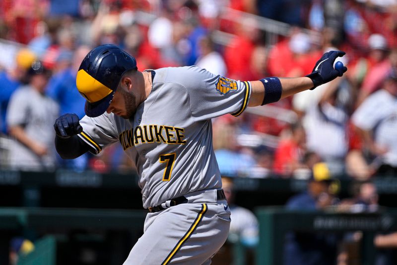 Sep 21, 2023; St. Louis, Missouri, USA;  Milwaukee Brewers catcher Victor Caratini (7) reacts as he touches home plate after hitting a three run home run against the St. Louis Cardinals during the sixth inning at Busch Stadium. Mandatory Credit: Jeff Curry-USA TODAY Sports