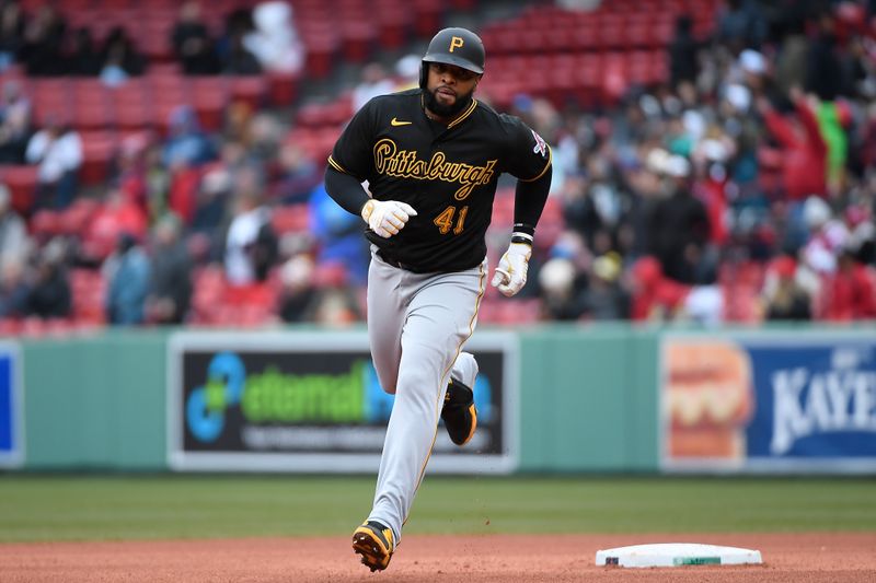 Apr 5, 2023; Boston, Massachusetts, USA; Pittsburgh Pirates first baseman Carlos Santana (41) runs the bases after hitting a home run against the Boston Red Sox at Fenway Park. Mandatory Credit: Eric Canha-USA TODAY Sports