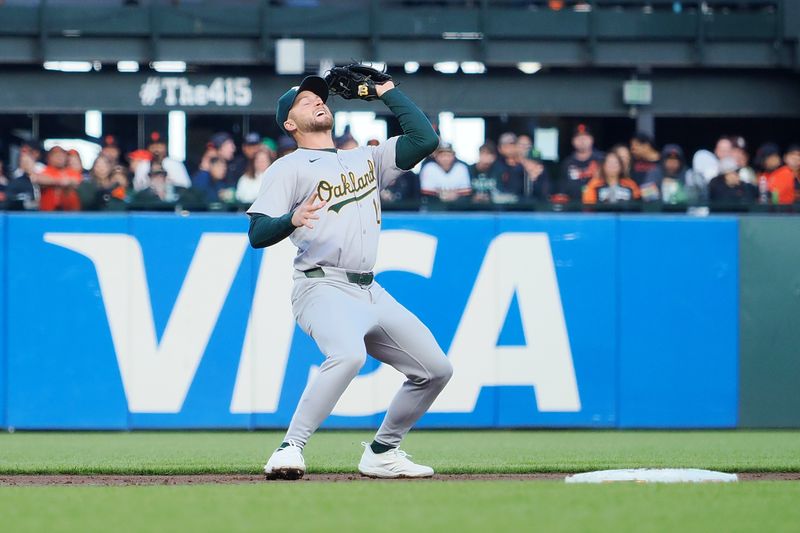 Jul 31, 2024; San Francisco, California, USA; Oakland Athletics shortstop Max Shuemann (12) catches the ball against the San Francisco Giants during the second inning at Oracle Park. Mandatory Credit: Kelley L Cox-USA TODAY Sports