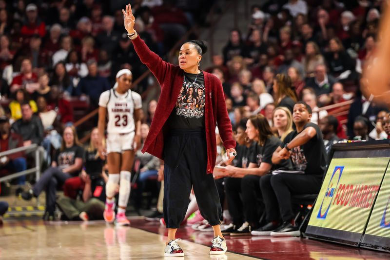 Mar 3, 2024; Columbia, South Carolina, USA; South Carolina Gamecocks head coach Dawn Staley directs her team against the Tennessee Lady Vols in the first half at Colonial Life Arena. Mandatory Credit: Jeff Blake-USA TODAY Sports