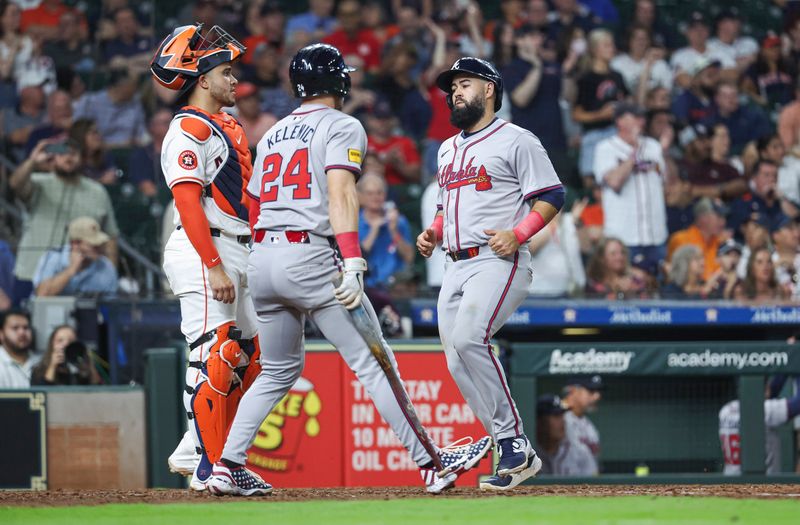 Apr 16, 2024; Houston, Texas, USA; Atlanta Braves second baseman Luis Guillorme (15) scores a run during the ninth inning against the Houston Astros at Minute Maid Park. Mandatory Credit: Troy Taormina-USA TODAY Sports