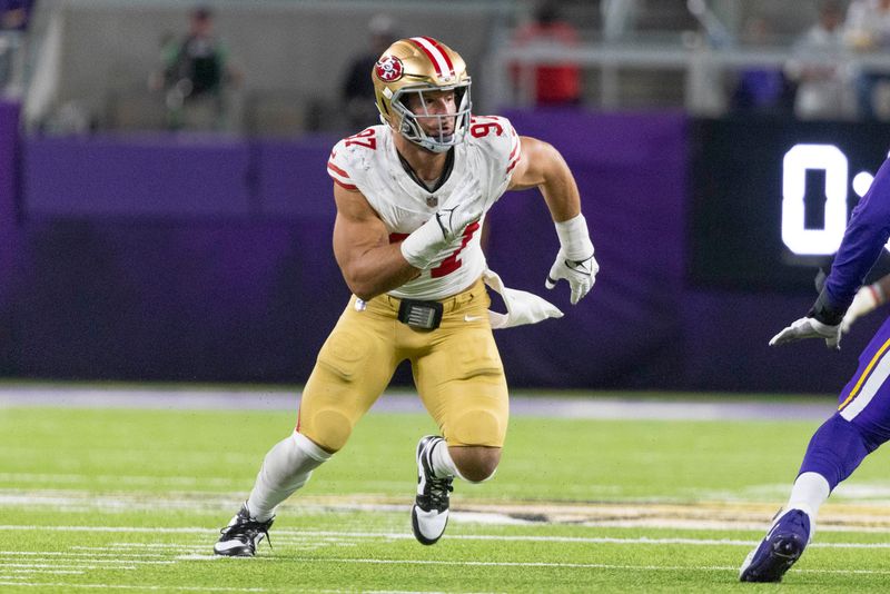 San Francisco 49ers defensive end Nick Bosa plays during an NFL football game against the Minnesota Vikings, Monday, Oct. 23, 2023, in Minneapolis. (AP Photo/Andy Clayton-King)