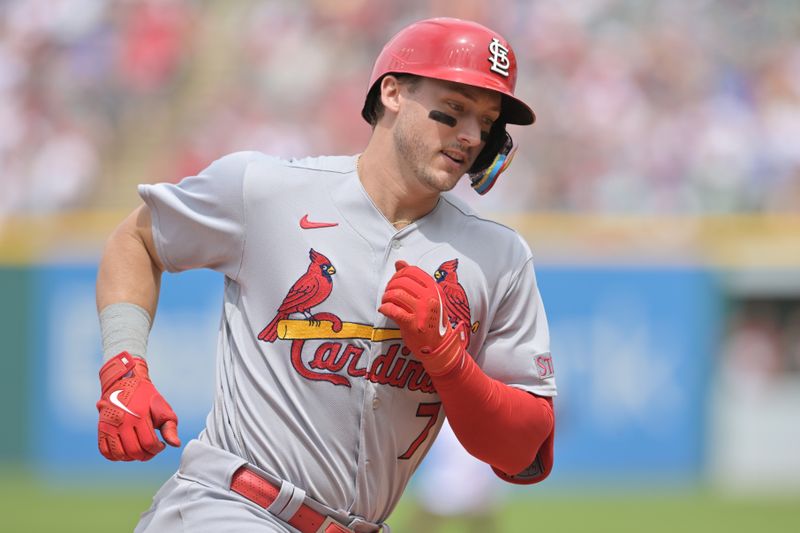 May 28, 2023; Cleveland, Ohio, USA; St. Louis Cardinals catcher Andrew Knizner (7) rounds the bases after hitting a home run during the fifth inning against the Cleveland Guardians at Progressive Field. Mandatory Credit: Ken Blaze-USA TODAY Sports