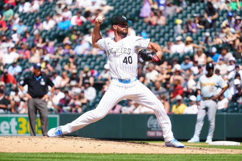 Jun 16, 2024; Denver, Colorado, USA; Colorado Rockies pitcher Tyler Kinley (40) delivers a pitch in the eighth against the Pittsburgh Pirates at Coors Field. Mandatory Credit: Ron Chenoy-USA TODAY Sports