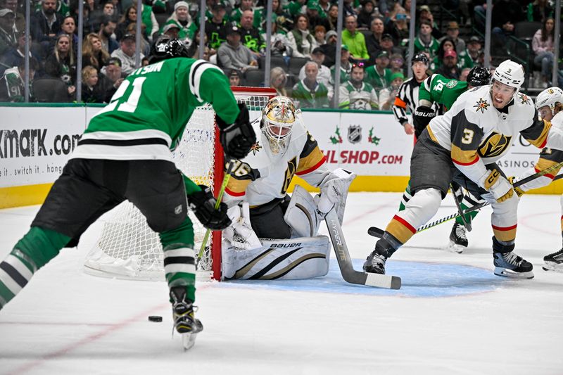 Dec 9, 2023; Dallas, Texas, USA; Vegas Golden Knights goaltender Logan Thompson (36) faces a shot by Dallas Stars left wing Jason Robertson (21) during the second period at the American Airlines Center. Mandatory Credit: Jerome Miron-USA TODAY Sports
