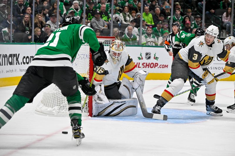 Dec 9, 2023; Dallas, Texas, USA; Vegas Golden Knights goaltender Logan Thompson (36) faces a shot by Dallas Stars left wing Jason Robertson (21) during the second period at the American Airlines Center. Mandatory Credit: Jerome Miron-USA TODAY Sports