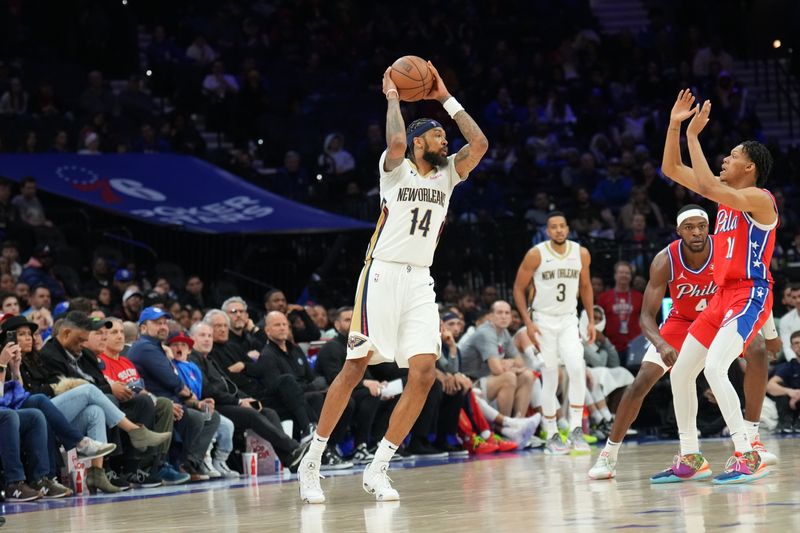 PHILADELPHIA, PA - MARCH 8: Brandon Ingram #14 of the New Orleans Pelicans looks to pass the ball during the game against the Philadelphia 76ers on March 8, 2024 at the Wells Fargo Center in Philadelphia, Pennsylvania NOTE TO USER: User expressly acknowledges and agrees that, by downloading and/or using this Photograph, user is consenting to the terms and conditions of the Getty Images License Agreement. Mandatory Copyright Notice: Copyright 2024 NBAE (Photo by Jesse D. Garrabrant/NBAE via Getty Images)