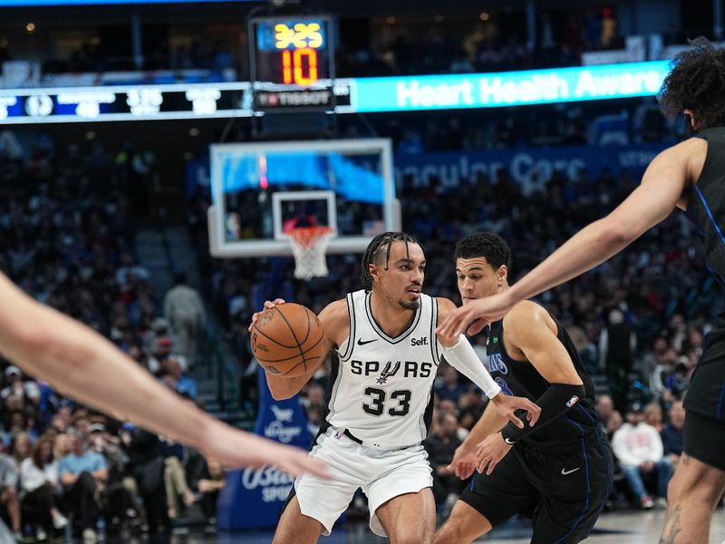 DALLAS, TX - FEBRUARY 14: Tre Jones #33 of the San Antonio Spurs handles the ball during the game against the Dallas Mavericks on February 14, 2024 at the American Airlines Center in Dallas, Texas. NOTE TO USER: User expressly acknowledges and agrees that, by downloading and or using this photograph, User is consenting to the terms and conditions of the Getty Images License Agreement. Mandatory Copyright Notice: Copyright 2024 NBAE (Photo by Glenn James/NBAE via Getty Images)