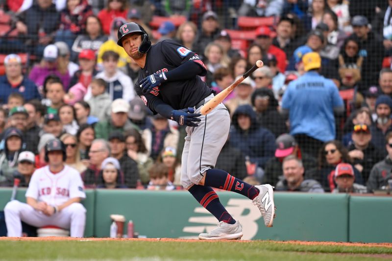 Apr 18, 2024; Boston, Massachusetts, USA; Cleveland Guardians center fielder Tyler Freeman (2) gets walked during the second inning against the Boston Red Sox at Fenway Park. Mandatory Credit: Eric Canha-USA TODAY Sports