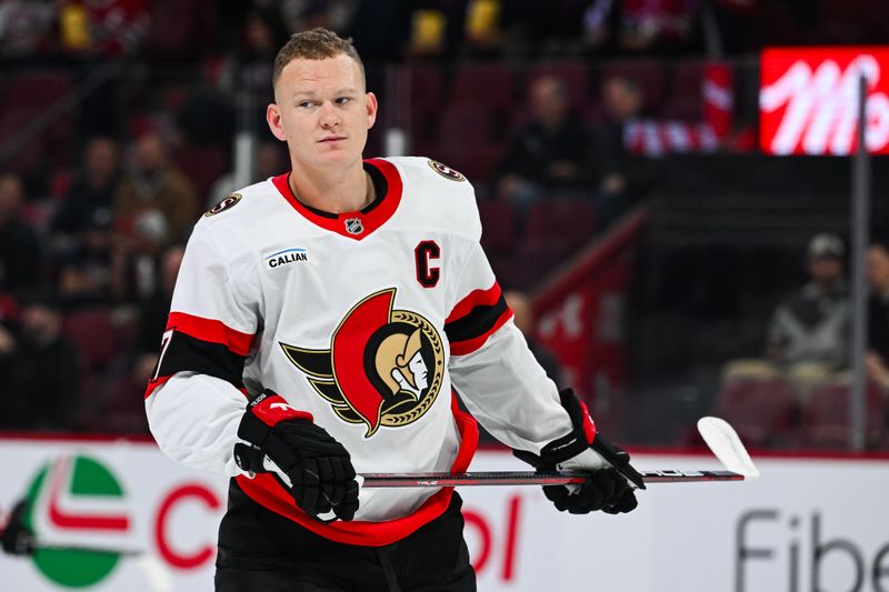 Oct 12, 2024; Montreal, Quebec, CAN; Ottawa Senators left wing Brady Tkachuk (7) looks on during warm-up before a game against the Montreal Canadiens at Bell Centre. Mandatory Credit: David Kirouac-Imagn Images