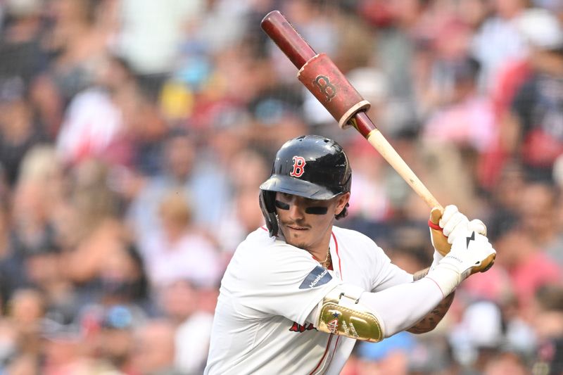 Aug 14, 2024; Boston, Massachusetts, USA; Boston Red Sox center fielder Jarren Duran (16) stands on the on deck circle during the first inning of a game against the Texas Rangers at Fenway Park. Mandatory Credit: Brian Fluharty-USA TODAY Sports