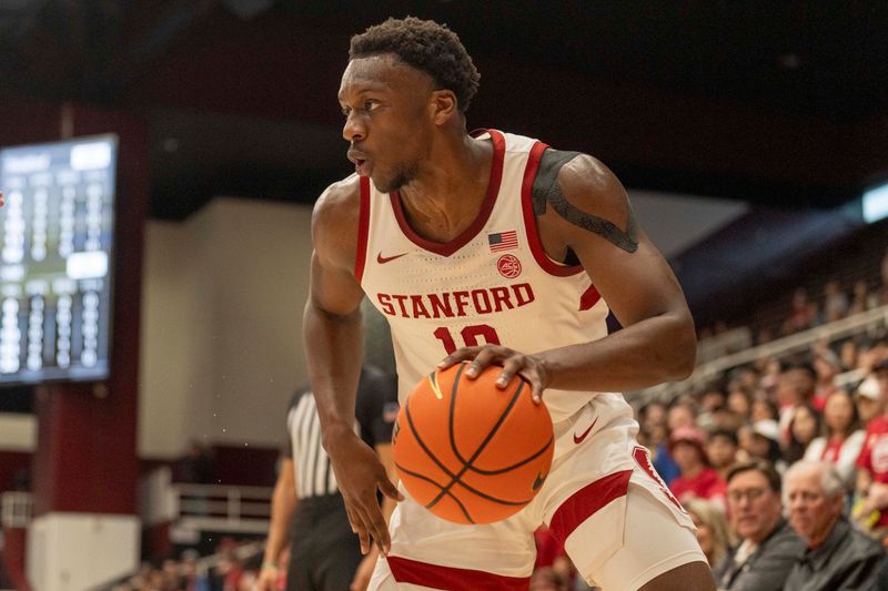 Mar 1, 2025; Stanford, California, USA;  Stanford Cardinal forward Chisom Okpara (10) during the first half against the Southern Methodist Mustangs at Maples Pavilion. Mandatory Credit: Stan Szeto-Imagn Images