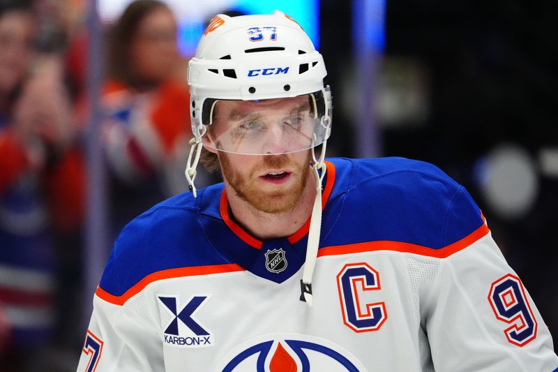 Nov 30, 2024; Denver, Colorado, USA; Edmonton Oilers center Connor McDavid (97) before the game against the Colorado Avalanche at Ball Arena. Mandatory Credit: Ron Chenoy-Imagn Images