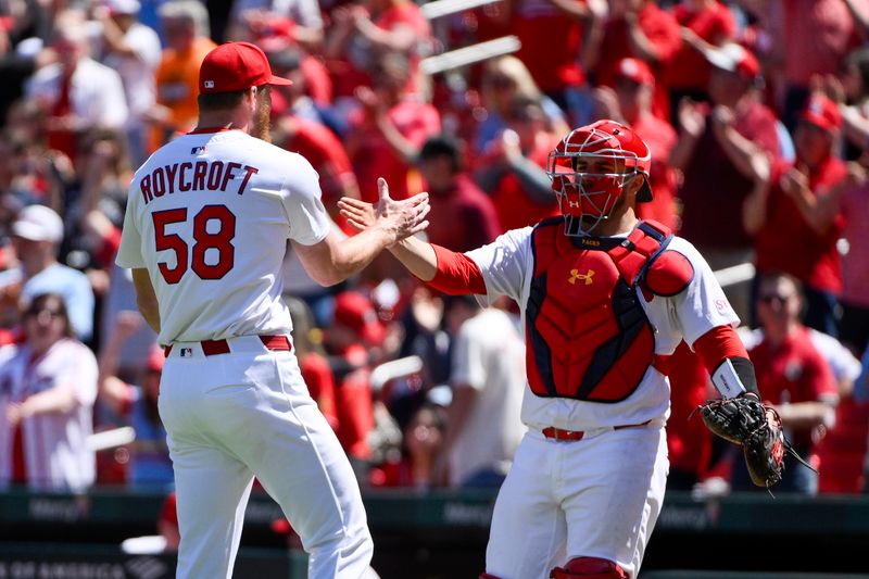May 7, 2025; St. Louis, Missouri, USA;  St. Louis Cardinals relief pitcher Chris Roycroft (58) celebrates with catcher Pedro Pages (43) after the Cardinals defeated the Pittsburgh Pirates at Busch Stadium. Mandatory Credit: Jeff Curry-Imagn Images