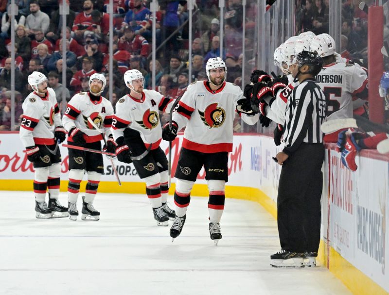 Mar 18, 2025; Montreal, Quebec, CAN; Ottawa Senators forward Michael Amadio (22) celebrates with teammates after scoring a goal against the Montreal Canadiens during the second period at the Bell Centre. Mandatory Credit: Eric Bolte-Imagn Images