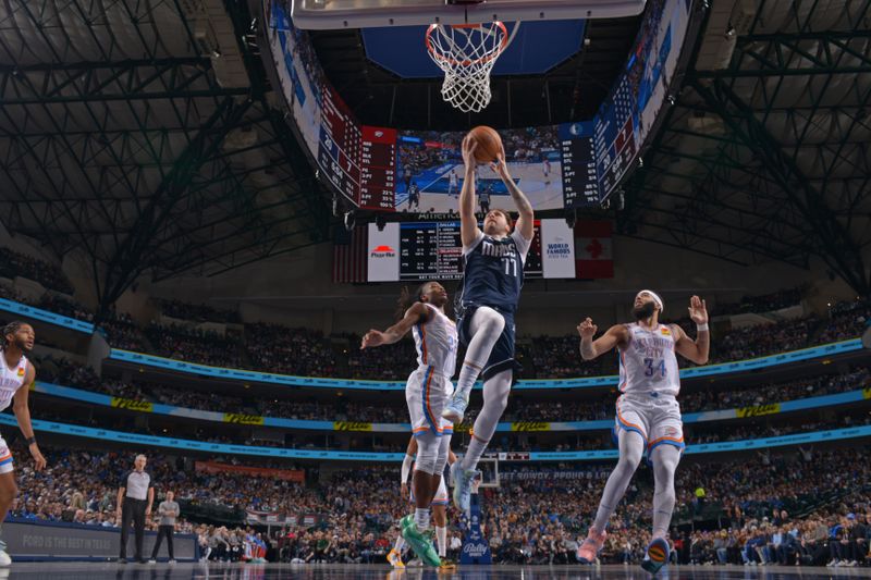 DALLAS, TX - FEBRUARY 10: Luka Doncic #77 of the Dallas Mavericks drives to the basket during the game against the Oklahoma City Thunder on February 10, 2024 at the American Airlines Center in Dallas, Texas. NOTE TO USER: User expressly acknowledges and agrees that, by downloading and or using this photograph, User is consenting to the terms and conditions of the Getty Images License Agreement. Mandatory Copyright Notice: Copyright 2024 NBAE (Photo by Glenn James/NBAE via Getty Images)