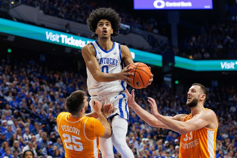 Feb 18, 2023; Lexington, Kentucky, USA; Kentucky Wildcats forward Jacob Toppin (0) makes a lay up during the second half against the Tennessee Volunteers at Rupp Arena at Central Bank Center. Mandatory Credit: Jordan Prather-USA TODAY Sports