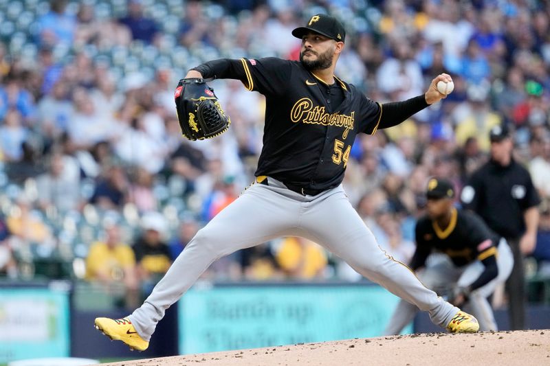 Jul 10, 2024; Milwaukee, Wisconsin, USA;  Pittsburgh Pirates pitcher Martín Perez (54) throws a pitch during the first inning against the Milwaukee Brewers at American Family Field. Mandatory Credit: Jeff Hanisch-USA TODAY Sports