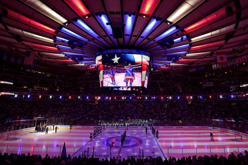 Oct 16, 2023; New York, New York, USA; General view of Madison Square Garden during the national anthem before opening night between the New York Rangers and the Arizona Coyotes. Mandatory Credit: Brad Penner-USA TODAY Sports