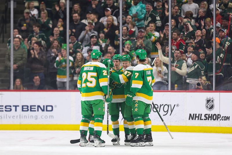 Jan 27, 2024; Saint Paul, Minnesota, USA; Minnesota Wild left wing Kirill Kaprizov (97) celebrates his goal against the Anaheim Ducks during the first period at Xcel Energy Center. Mandatory Credit: Matt Krohn-USA TODAY Sports