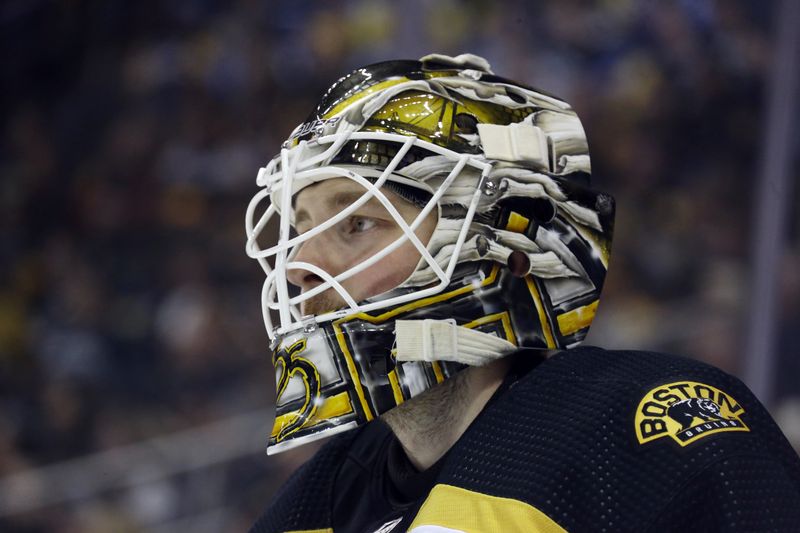 Nov 1, 2022; Pittsburgh, Pennsylvania, USA;  Boston Bruins goaltender Linus Ullmark (35) looks on against the Pittsburgh Penguins during the first period at PPG Paints Arena. Mandatory Credit: Charles LeClaire-USA TODAY Sports