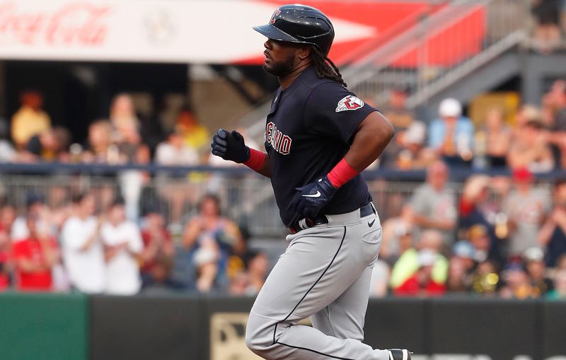 Jul 18, 2023; Pittsburgh, Pennsylvania, USA; Cleveland Guardians designated hitter Josh Bell (55) circles the bases on a two run home run against the Pittsburgh Pirates during the third inning at PNC Park. Mandatory Credit: Charles LeClaire-USA TODAY Sports