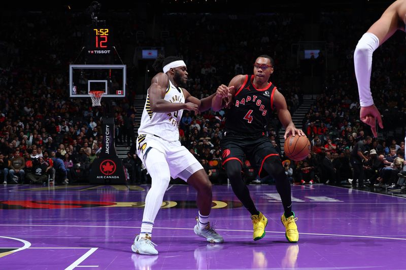 TORONTO, CANADA - DECEMBER 3: Scottie Barnes #4 of the Toronto Raptors handles the ball during the game against the Indiana Pacers during the Emirates NBA Cup game on December 3, 2024 at the Scotiabank Arena in Toronto, Ontario, Canada.  NOTE TO USER: User expressly acknowledges and agrees that, by downloading and or using this Photograph, user is consenting to the terms and conditions of the Getty Images License Agreement.  Mandatory Copyright Notice: Copyright 2024 NBAE (Photo by Vaughn Ridley/NBAE via Getty Images)