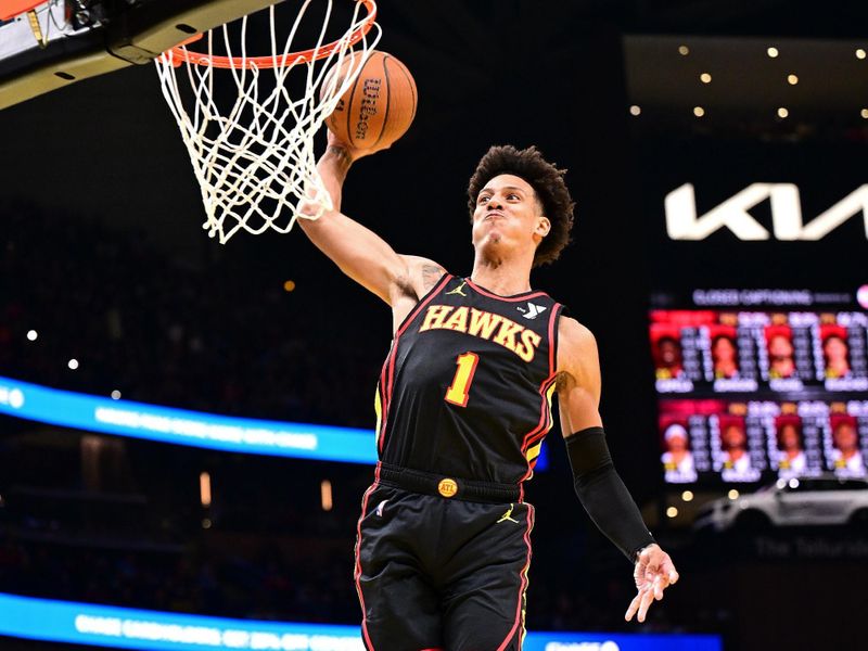 ATLANTA, GA - NOVEMBER 29: Jalen Johnson #1 of the Atlanta Hawks dunks the ball during the game against the Cleveland Cavaliers during the Emirates NBA Cup game on November 29, 2024 at State Farm Arena in Atlanta, Georgia.  NOTE TO USER: User expressly acknowledges and agrees that, by downloading and/or using this Photograph, user is consenting to the terms and conditions of the Getty Images License Agreement. Mandatory Copyright Notice: Copyright 2024 NBAE (Photo by Adam Hagy/NBAE via Getty Images)