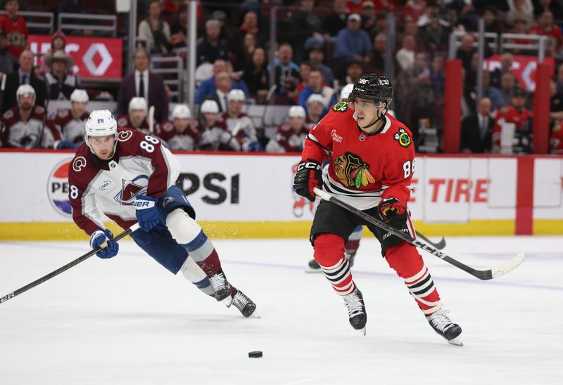 Apr 2, 2025; Chicago, Illinois, USA; Chicago Blackhawks center Teuvo Teravainen (86) and Colorado Avalanche center Martin Necas (88) battle for control of the puck during the third period at United Center. Mandatory Credit: Talia Sprague-Imagn Images