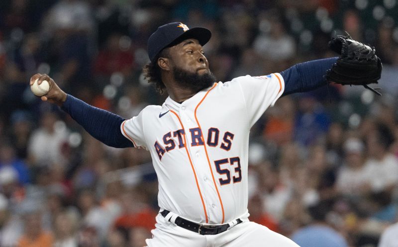 May 16, 2023; Houston, Texas, USA; Houston Astros starting pitcher Cristian Javier (53) pitches against the Chicago Cubs in the first inning at Minute Maid Park. Mandatory Credit: Thomas Shea-USA TODAY Sports