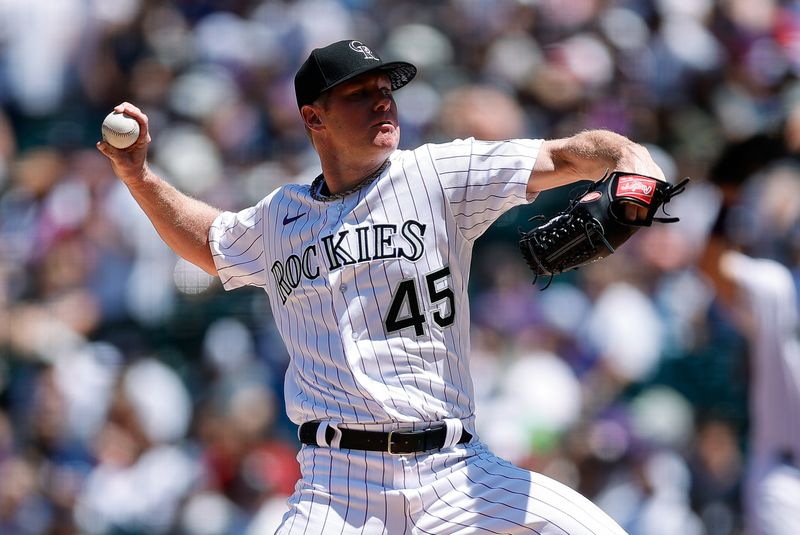 Jul 16, 2023; Denver, Colorado, USA; Colorado Rockies starting pitcher Chase Anderson (45) pitches in the second inning against the New York Yankees at Coors Field. Mandatory Credit: Isaiah J. Downing-USA TODAY Sports