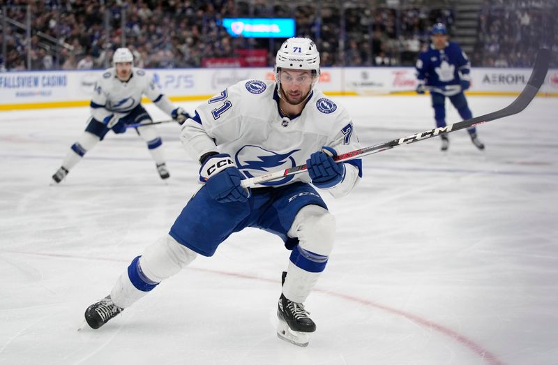 Nov 6, 2023; Toronto, Ontario, CAN; Tampa Bay Lightning forward Anthony Cirelli (71) during the second period against the Toronto Maple Leafs at Scotiabank Arena. Mandatory Credit: John E. Sokolowski-USA TODAY Sports