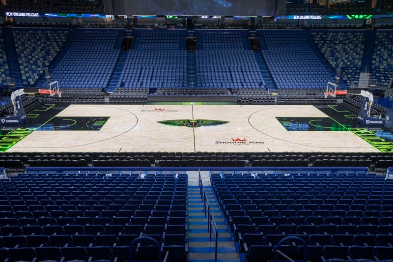 NEW ORLEANS, LA - JANUARY 19: An overall view of the New Orleans Pelicans City Edition Court before the game against the Phoenix Suns in New Orleans, Louisiana at Smoothie King Center on January 19, 2024. NOTE TO USER: User expressly acknowledges and agrees that, by downloading and or using this Photograph, user is consenting to the terms and conditions of the Getty Images License Agreement. Mandatory Copyright Notice: Copyright 2023 NBAE (Photo by Layne Murdoch Jr./NBAE via Getty Images)