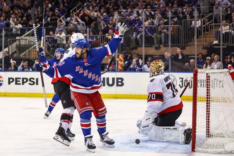 Apr 15, 2024; New York, New York, USA;  New York Rangers center Vincent Trocheck (16) reacts after the puck slides past Ottawa Senators goaltender Joonas Korpisalo (70) for a goal in the third period at Madison Square Garden. Mandatory Credit: Wendell Cruz-USA TODAY Sports