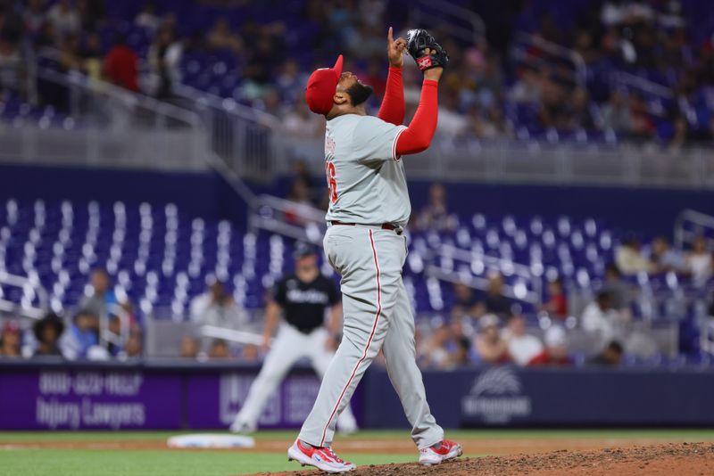 May 10, 2024; Miami, Florida, USA; Philadelphia Phillies relief pitcher Jose Alvarado (46) celebrates after the game against the Miami Marlins at loanDepot Park. Mandatory Credit: Sam Navarro-USA TODAY Sports