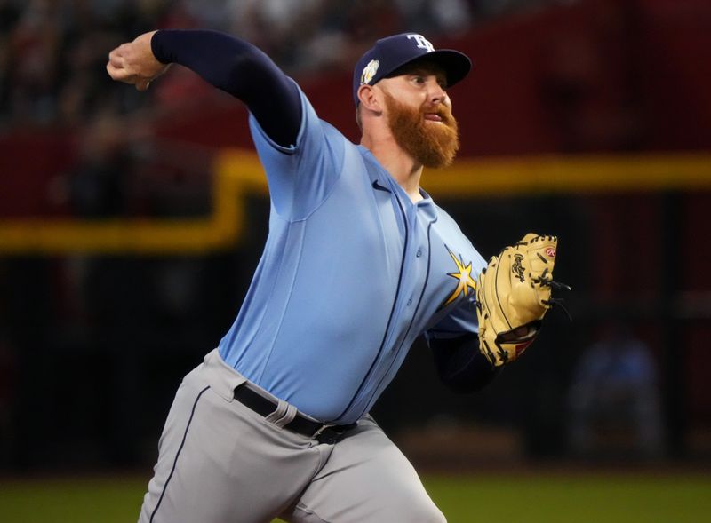 Jun 29, 2023; Phoenix, Arizona, USA; Tampa Bay Rays starting pitcher Zack Littell (52) pitches against the Arizona Diamondbacks at Chase Field. Mandatory Credit: Joe Rondone-USA TODAY Sports