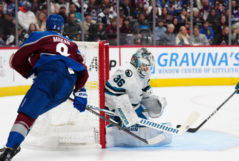 Dec 31, 2023; Denver, Colorado, USA; Colorado Avalanche defenseman Cale Makar (8) shoots the puck on San Jose Sharks goaltender Kaapo Kahkonen (36) in the second period at Ball Arena. Mandatory Credit: Ron Chenoy-USA TODAY Sports