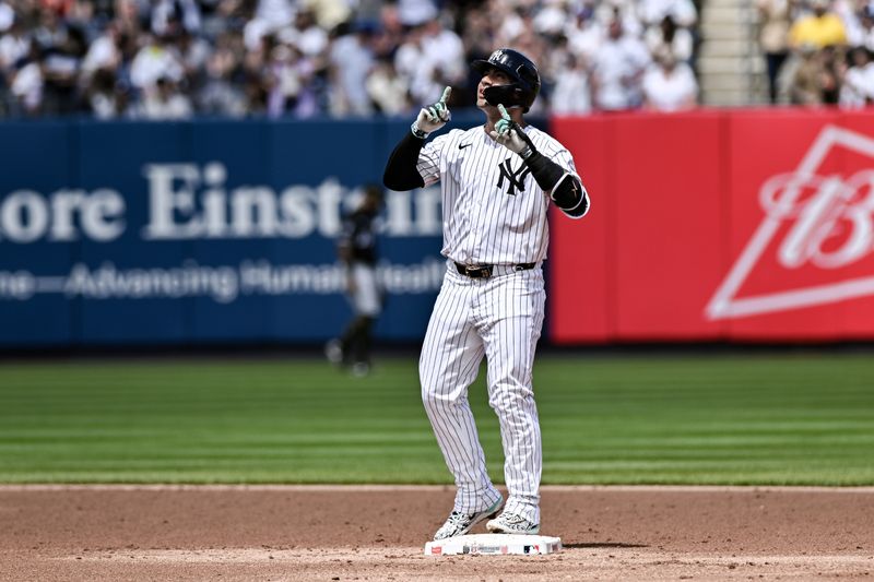 May 19, 2024; Bronx, New York, USA; New York Yankees second baseman Gleyber Torres (25) reacts after hitting a double against the Chicago White Sox during the second inning at Yankee Stadium. Mandatory Credit: John Jones-USA TODAY Sports